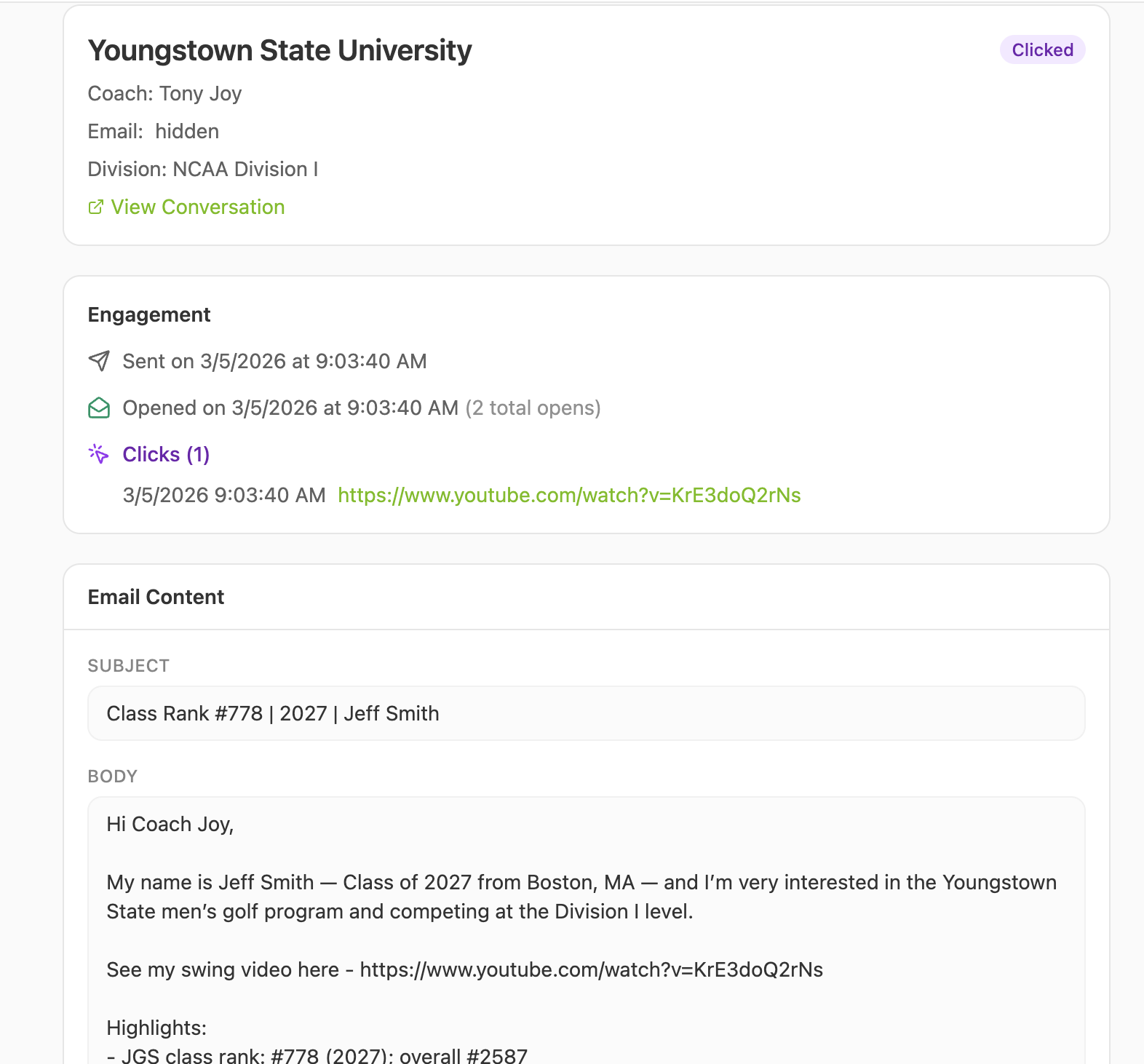 golfrecruit.ai coach outreach showing a sent email and engagement activity