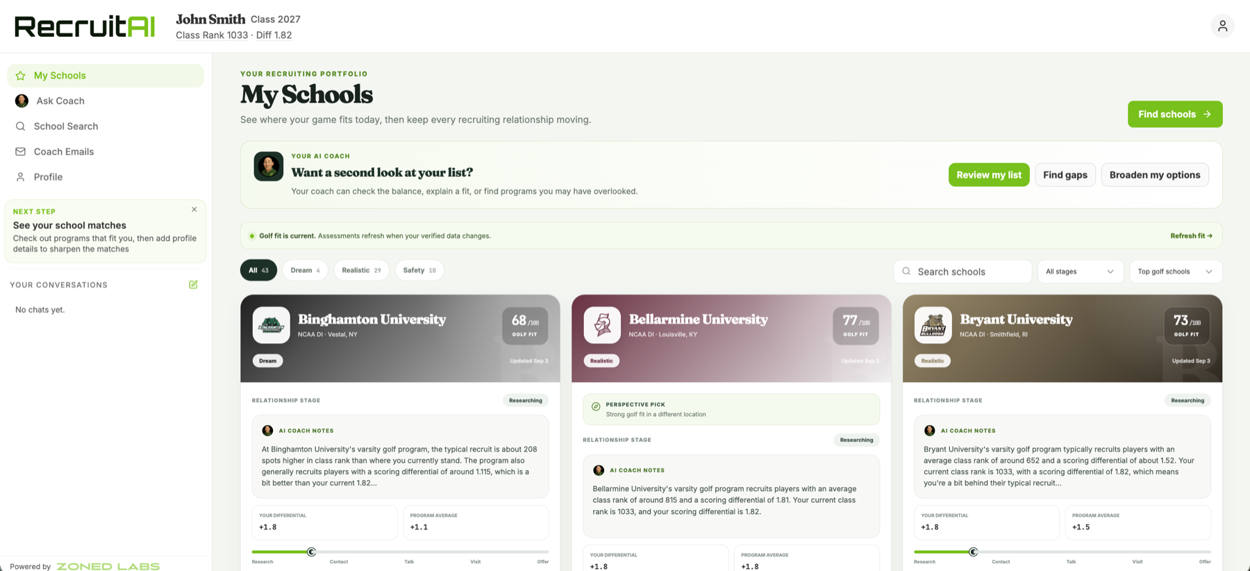 golfrecruit.ai My Schools portfolio showing school fit, AI Coach guidance, and recruiting progress