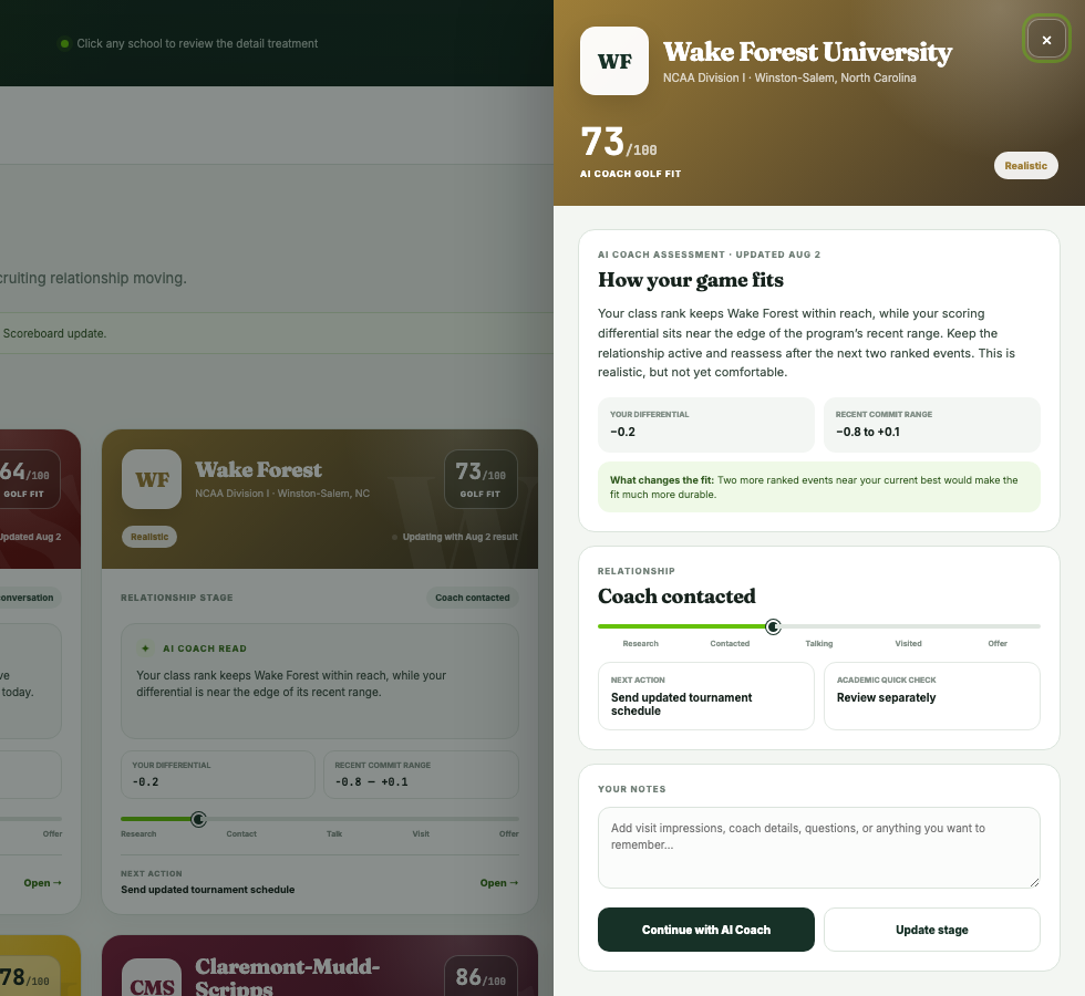 Open school in golfrecruit.ai showing Golf Fit, AI Coach guidance, recruiting progress, and notes
